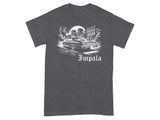Dark t-shirt with black and white graphic of a classic Impala car and city buildings.