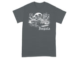 Vintage Impala car graphic with city buildings and moon, text "Impala" below.