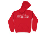 Red hoodie with a white outline graphic of a lowered classic truck.