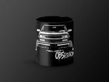 Black mug with white graphic of a lifted truck and the word "OBSESSION".