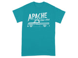 Teal t-shirt with white graphic of Apache 1960-1966 pickup truck.