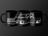 Black mugs with white outline drawings of a lowered pickup truck.