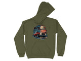 Green hoodie with graphic of red C/K truck and American flag.