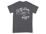 Charcoal t-shirt with white graphic of lifted squarebody truck and text "Squarebody Life".