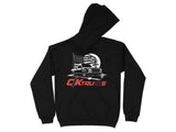 Black hoodie with a graphic of a pickup truck and American flag.