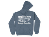 Blue hoodie with graphic of vintage truck and American flag, text "Legends Never Die".