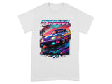 Retro car graphic in neon colors with "FOXYBODY" text on white t-shirt.