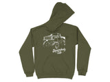 Green hoodie with white illustration of a lifted squarebody truck and "Squarebody Life" text.