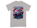 Retro-styled "FOXBODY" text above a neon purple and blue car in a vibrant, abstract design.
