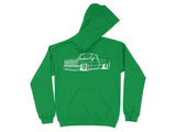 Green hoodie with a white outline drawing of a classic custom pickup truck.