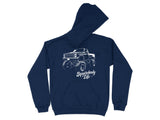 Navy hoodie with white graphic of a lifted pickup truck and text "Squarebody Life".