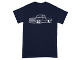 Navy t-shirt with a white outline drawing of a lowered classic pickup truck.