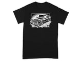 Black t-shirt graphic featuring a lowered classic pickup truck on a brick road.