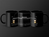 Three black mugs with a stylized truck graphic and text "LEGENDS NEVER DIE".