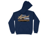 Navy hoodie with "Keep Longbeds Long" text and a graphic of a lowered pickup truck.