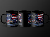 Three black mugs each featuring a "Foxbody" car, American flag, and palm trees.