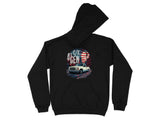 Black hoodie with "4th C/K GEN" text and a lowered pickup truck with American flag background.