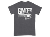 Dark gray t-shirt with white graphic of a vintage pickup truck and text "GMT400".