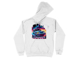 White hoodie with a neon "Foxbody" graphic featuring a sports car.