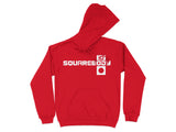 Red hoodie with white "SQUAREBODY" text and a small square logo.