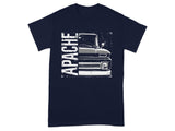 Dark blue t-shirt with vertical "APACHE" text and vintage truck graphic.