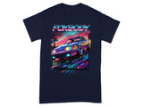 Dark blue t-shirt with "FOXBODY" text and retro car graphic.
