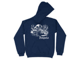 Navy hoodie with sketch of classic car on city street and "Impala" text.