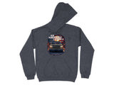 Dark gray hoodie featuring a graphic of a classic truck with "An American Legend" text and US flag.