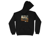Black hoodie with graphic of vintage truck, American flag, and text "OBSESSION".