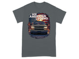 Truck and American flag graphic with text "AN AMERICAN LEGEND".