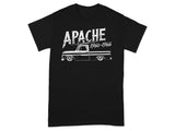 Black t-shirt with white "APACHE" text and a vintage truck graphic.