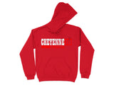 Red hoodie with "CHEYENNE SUPER" in white and red block lettering.