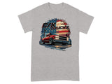 Red pickup truck graphic with C/K TRUCKS text and US flag background.