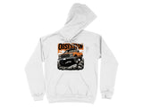 White hoodie with orange truck graphic labeled "OBSESSION"