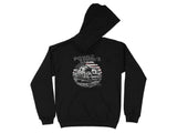 Black hoodie with a circular graphic featuring a truck, barn, and American flag.