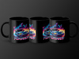Black mugs with neon retro blue cars and "Foxbody" text.