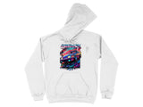 White hoodie with "FOXBDDY" text and a colorful retro car graphic.