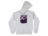 Grey hoodie with a neon retro car and "FOXBODY" graphic.