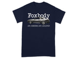 Navy t-shirt with "Foxbody AN AMERICAN LEGEND" and a silver Mustang graphic.
