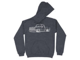 Dark grey hoodie with a white outline drawing of a lowered pickup truck.