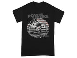 Black t-shirt with graphic of a truck, barn, and American flag.