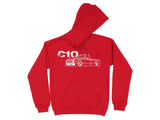 Red hoodie with white C10 truck graphic and lettering.