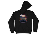 Black hoodie with graphic of a truck and "An American Legend," an American flag background.