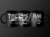 Three black mugs with white outlines of vintage muscle cars and "Trans Am" text.