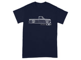 Navy t-shirt with white outline graphic of a lowered pickup truck and "PERFEC10N" text.