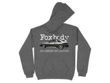 Dark gray hoodie with a graphic of a Fox body Mustang and text "Foxbody AN AMERICAN LEGEND".