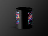 Black mug with neon art of a car and text "BODY" and "FOX".