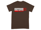 Brown t-shirt with white and red "CHEYENNE 10 SUPER" text graphic.