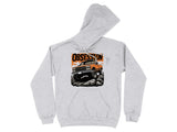 Gray hoodie with orange truck graphic and "OBSESSION" text.