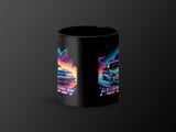 Black mug with neon car graphic and "ODY" and "FOX" text.
